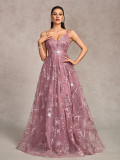 Women’s Formal Party Elegant Mesh Sequin V Neck Strap Low Back A Line Fully Lined Long Dress