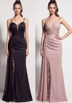 Women’s Formal Party Strap Satin Beaded Chiffon Mesh Split Long Dress Women’s Formal Party Strap Satin Beaded Chiffon Mesh Split Long Dress