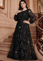 Women’s Plus Size Formal Party Round Neck Long Sleeve Mesh Slim Waist Long Dress