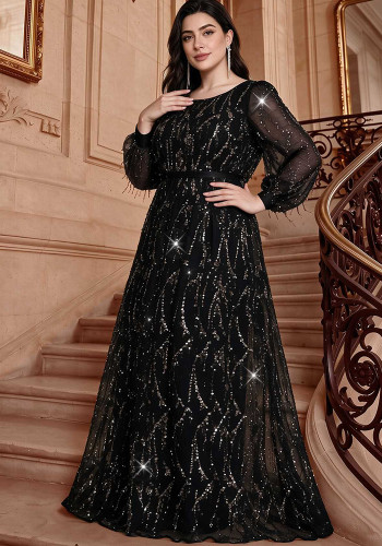 Women’s Plus Size Formal Party Round Neck Long Sleeve Mesh Slim Waist Long Dress
