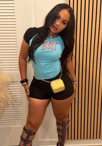 Women’s American Letter Print Color Block Short Sleeve Top Low Rise Sports Shorts Two Piece Set