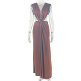 Women’s Plus Size Deep V Neck Sleeveless Pleated Slim Waist Chic Formal Party Long Dress