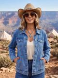 Women’s Plus Size Turn Down Collar Long Sleeve Casual Blue Denim Jacket