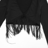 Women’s Fall Tassel Long Sleeve Crop Top Tight Fitting Slim Fit Pants Set