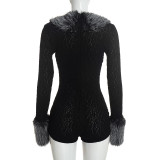 Women’s Fall Winter Solid Color Sexy Faux Fur Collar Patchwork Long Sleeve Tight Fitting Jumpsuit