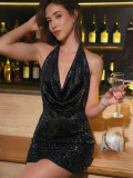 Women’s Sexy Low Back Halter Neck Sequin Mini Dress Party Cocktail Dress
