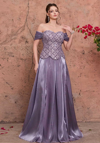 Women’s Off Shoulder Floral Sequin Satin Long Dress Party Evening Dress