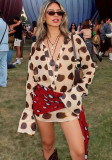 Women Summer Casual Polka Dot Print Turndown Collar Bell Bottom Long Sleeve Patchwork Bodycon Dress