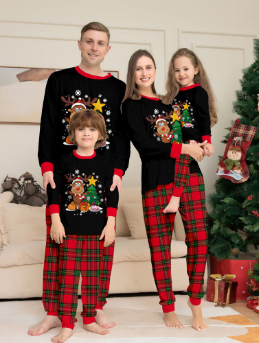 Family Wear Christmas Deer Snowflake Plaid Print Long Sleeve Top & Pants Pajama Set