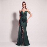 Women Beaded Chiffon Sash Mesh Patchwork Halter Evening Dress