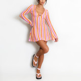 Women Autumn Yarn-Dyed Striped V Neck Bell Bottom Long Sleeve Bodycon Dress