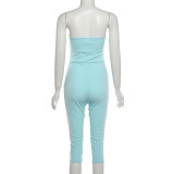 Women Summer Sleeveless Sexy Strapless Backless Solid 3/4 Length Jumpsuit