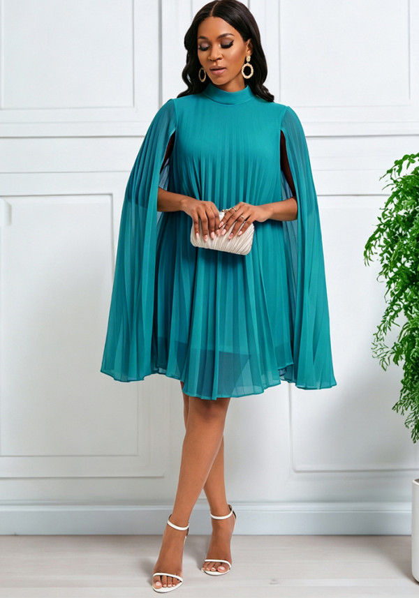 Women Stand Collar Cape Sleeve Pleated Chiffon Cloak Formal Party Evening Dress