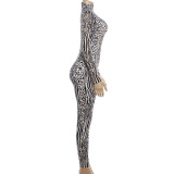 Women Autumn Sexy Mock Neck Print Jumpsuit