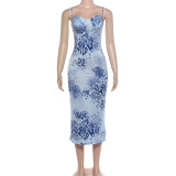 Women Summer Sexy Sleeveless Spaghetti Strap Irregular Print Dress