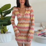 Women Autumn Yarn-Dyed Striped V Neck Bell Bottom Long Sleeve Bodycon Dress