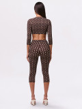 Women Sexy Polka Dot Print Ruched Slit (With Headscarf) Top & Pants Two Piece Set