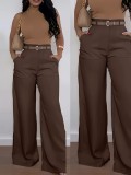 Women Pleated Wide Leg Belted Trousers