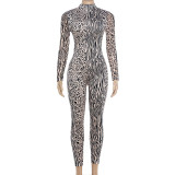Women Autumn Sexy Mock Neck Print Jumpsuit