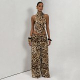 Women Summer Leopard Print Casual High Neck Sleeveless Backless Tie Top & Pants Two Piece Set