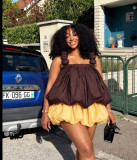Women Bud Ruched Spaghetti Strap Top & Puffy Shorts Two Piece Set