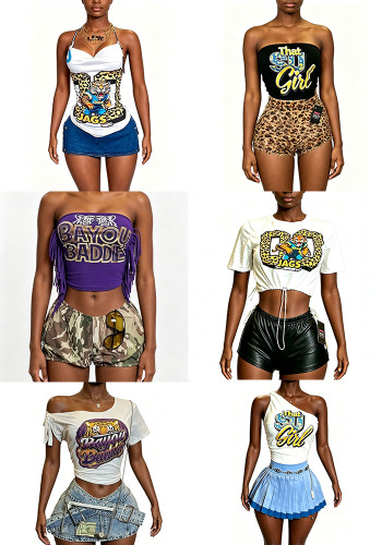 Women Letter Print Short Sleeve Strapless Top