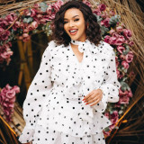 Women African Rhinestone Embellished Long Sleeve Polka Dot Top & Skirt Two Piece Set
