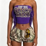 Women Letter Print Short Sleeve Strapless Top
