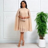 Women Stand Collar Cape Sleeve Pleated Chiffon Cloak Formal Party Evening Dress