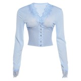 Women Autumn Sexy Lace Trim Long Sleeve V Neck Button T-shirt Top