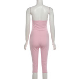 Women Summer Sleeveless Sexy Strapless Backless Solid 3/4 Length Jumpsuit