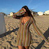 Women Autumn Yarn-Dyed Striped V Neck Bell Bottom Long Sleeve Bodycon Dress