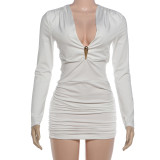 Women Summer Sexy Solid Long Sleeve V Neck Bodycon Dress