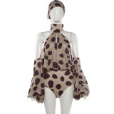 Women Summer Irregular Cold Shoulder Bodysuit with Head Wrap Triangle Scarf