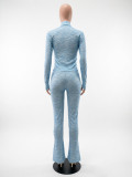 Women Stand Collar Stretch Long Sleeve Thumb Hole Top & Pants Two Piece Set