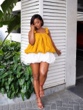 Women Bud Ruched Spaghetti Strap Top & Puffy Shorts Two Piece Set