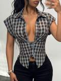Women Summer Sexy Plaid Sleeveless Shirt Top