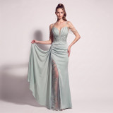 Women Beaded Chiffon Sash Mesh Patchwork Halter Evening Dress