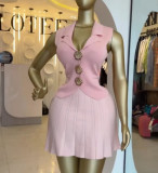 Women V Neck Metal Button Sleeveless Top & Pleated Skirt Two Piece Set