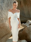Women White Off Shoulder Belted Formal Party Bodycon Dress