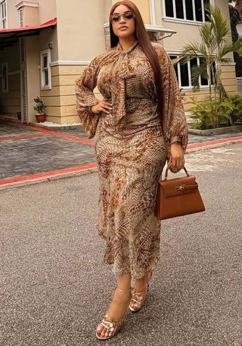 Women Plus Size African Long Sleeve Printed Bow Tie Shirt & Midi Skirt Two Piece Set