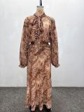 Women Plus Size African Long Sleeve Printed Bow Tie Shirt & Midi Skirt Two Piece Set