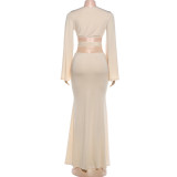 Women Summer Solid Sexy Cutout Bell Bottom Sleeve Tank Top & Ruched Midi Skirt Two Piece Set