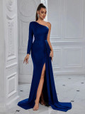 Women One Shoulder Long Sleeve Side Slit Formal Party Ruched Mermaid Maxi Dress