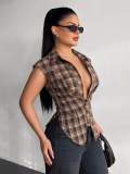 Women Summer Sexy Plaid Sleeveless Shirt Top