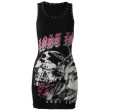 Women U Neck Tank Top Letter Print Bodycon Dress