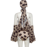 Women Summer Irregular Cold Shoulder Bodysuit with Head Wrap Triangle Scarf