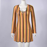 Women Autumn Yarn-Dyed Striped V Neck Bell Bottom Long Sleeve Bodycon Dress