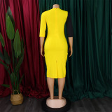 Women Plus Size African Color Block 3/4 Sleeve Bodycon Dress