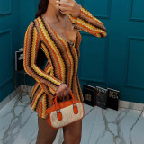 Women Autumn Yarn-Dyed Striped V Neck Bell Bottom Long Sleeve Bodycon Dress
